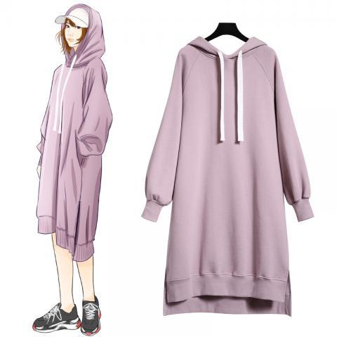 过膝中长款卫衣连衣裙女2019秋冬装新款韩版开叉宽松长袖连帽加绒