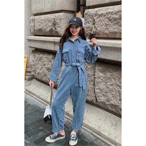 工装连体裤女秋2019新款显瘦高腰阔腿连衣裤宽松灯芯绒套装连体衣
